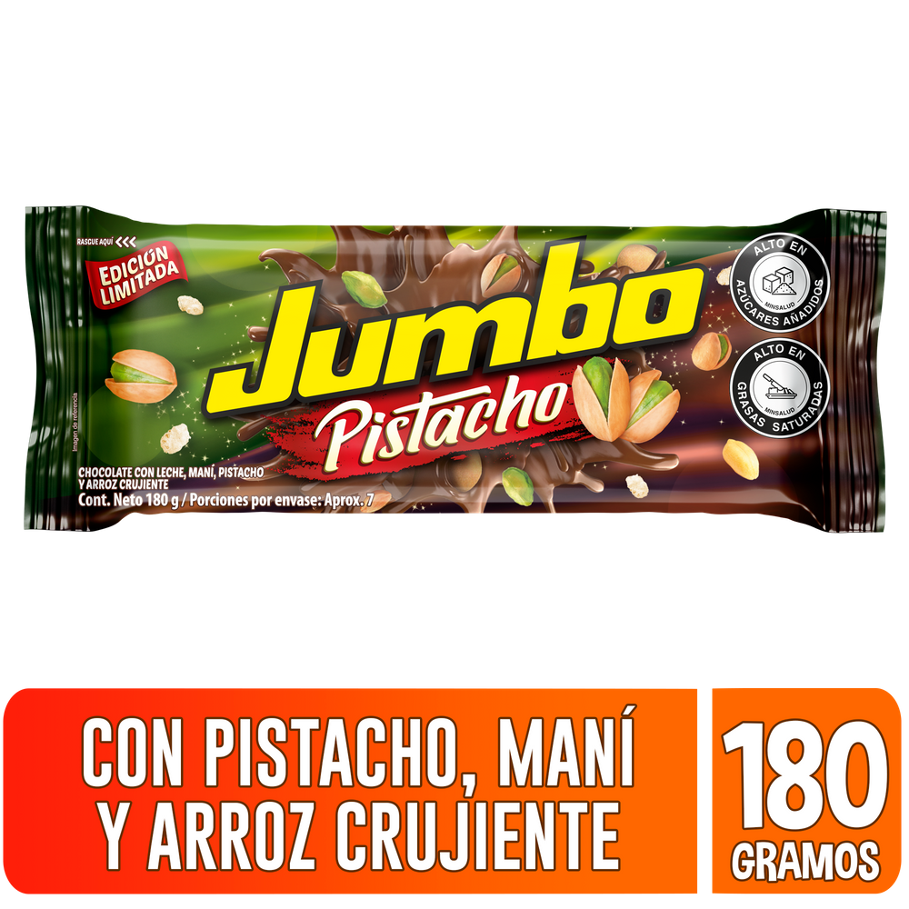 Chocolatina Jumbo Pistacho, Maníy Arroz Crujiente 180Gr