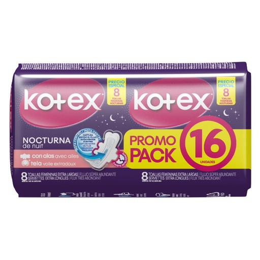 [054634] Toallas Higiénicas Kotex Nocturna 16 Unidades Promo Pack