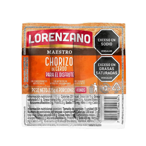 [054986] Chorizo Cerdo Lorenzano 4 Unidades 225Gr