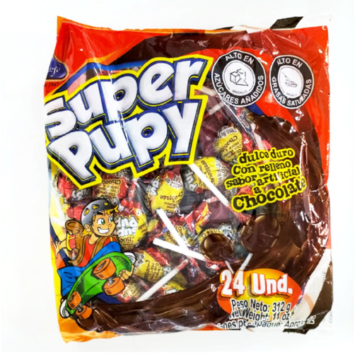 [054959] Chupeta Super Pupy Con Relleno Sabor Chocolate 24 Unidades 312Gr