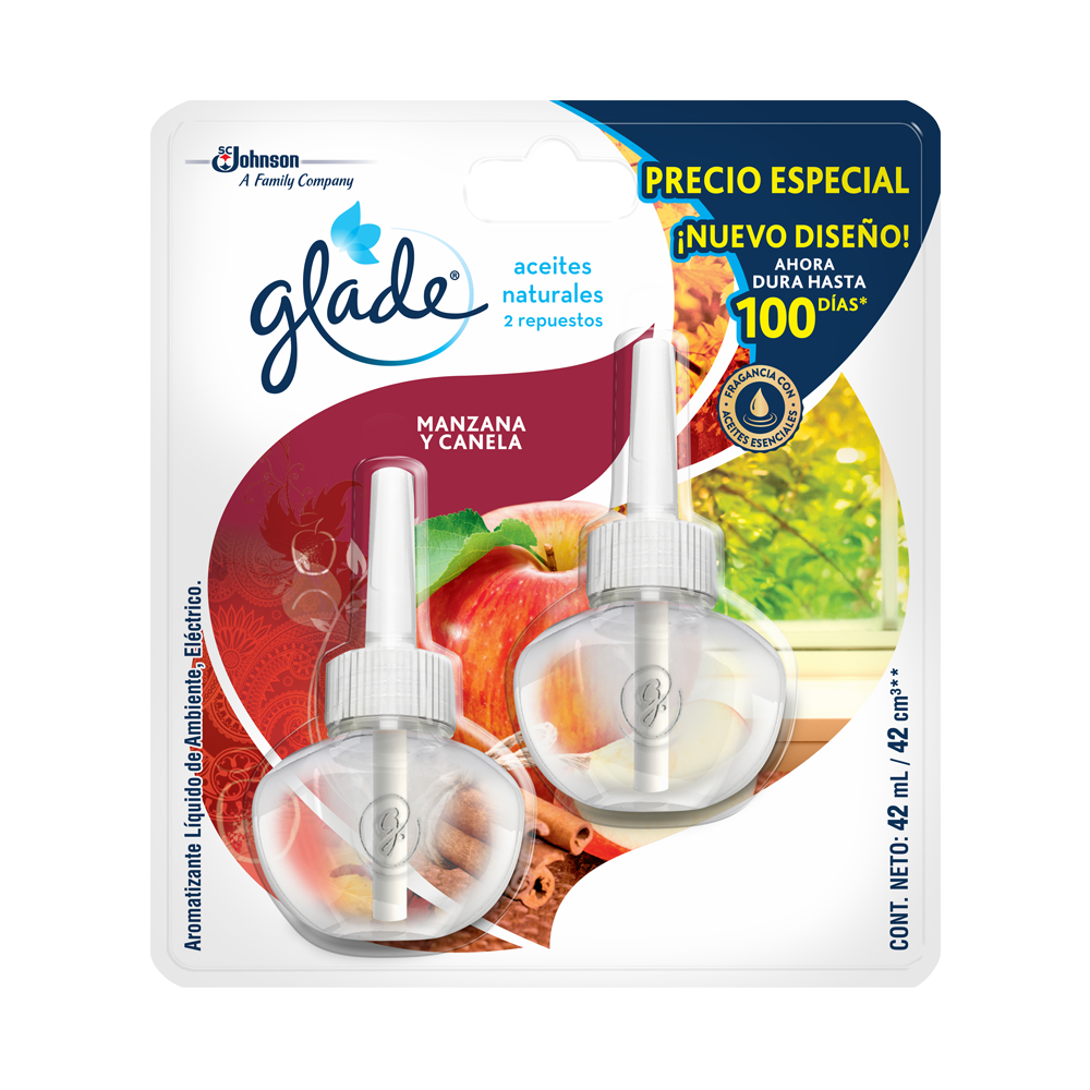 Ambientador Glade Aceites Naturales Manzana Canela Repuesto 2 Unidades 42Ml