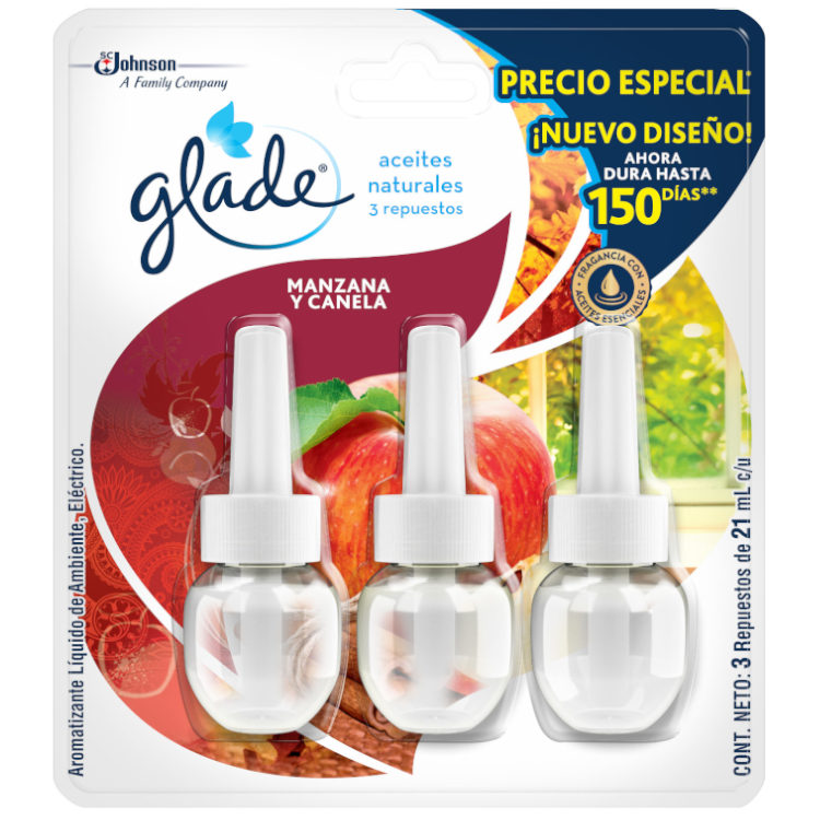 Ambientador Glade Aceites Naturales Manzana Y Canela 3 Repuestos 63Ml