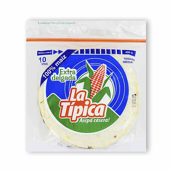 Arepa Maiz La Tipica Extradelgada Mediana 10 Unidades 450Gr