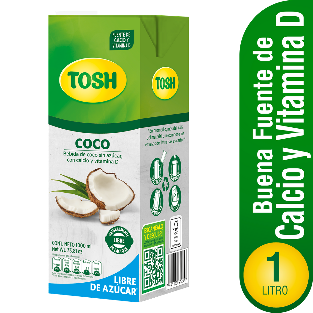 Bebida Coco Tosh Sin Azúcar Tetrapak 1000Ml