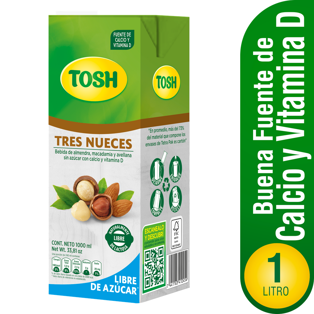 Bebida Tres Nueces Tosh Sin Azúcar  Tetrapak 1000Ml