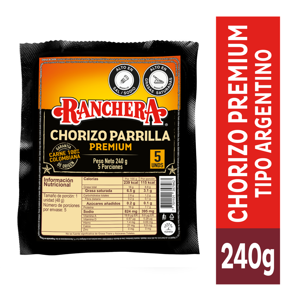 Chorizo Ranchera Parrilla 5 Unidades 240Gr