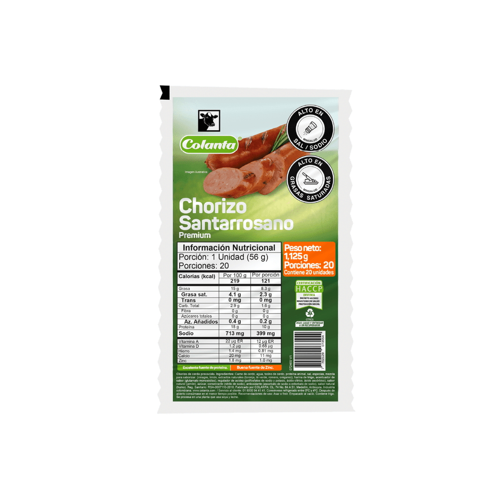 Chorizo Santarrosano Colanta 20 Unidades 1125Gr