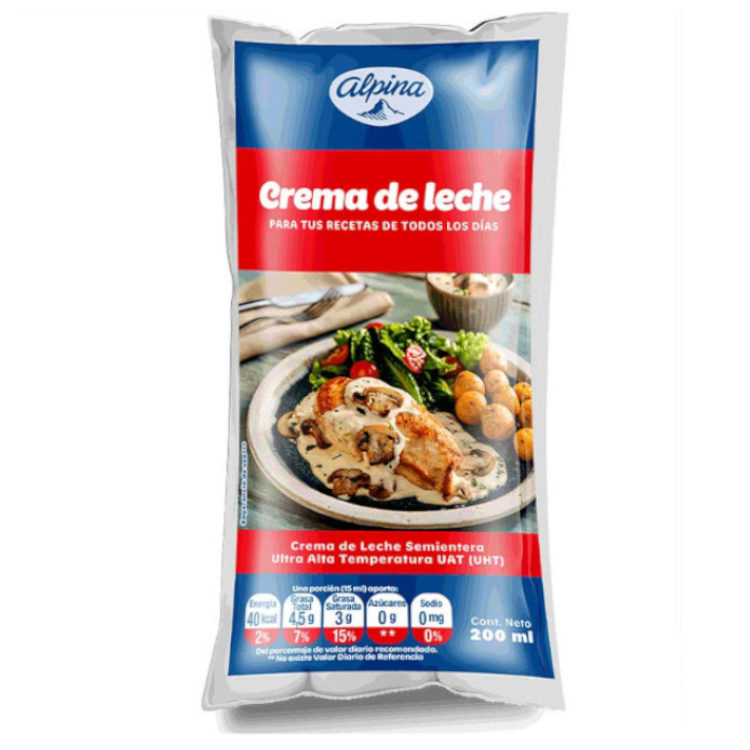 Crema De Leche Alpina Semientera Bolsa 200Ml