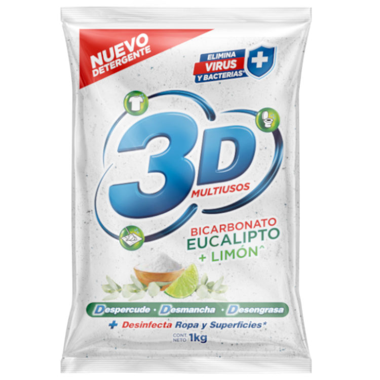 Detergente En Polvo 3D Multiusos Bicarbonato Eucalipto Y Limón 1000Gr
