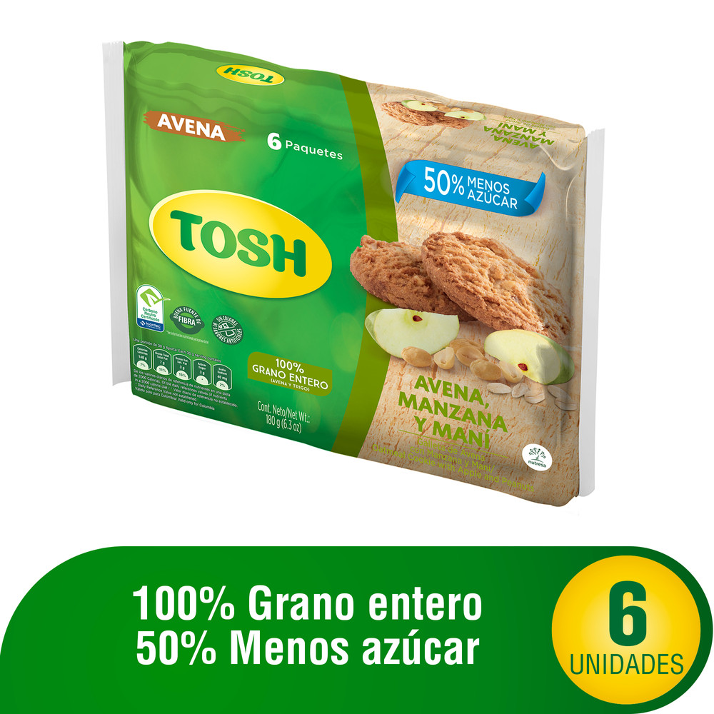 Galletas Tosh Avena Manzana Maní 6 Unidades 180Gr