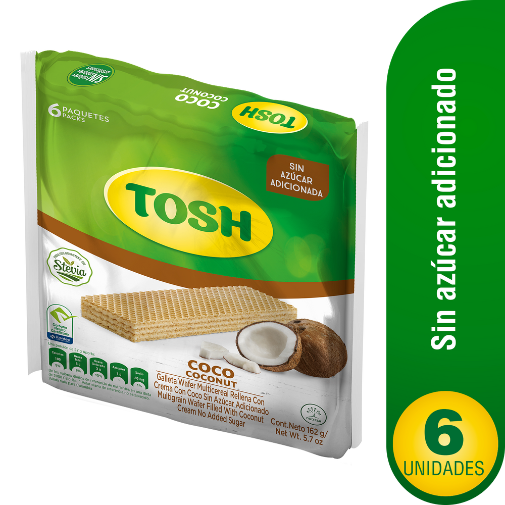 Galletas Tosh Coco Sin Azúcar 6 Unidades 162Gr