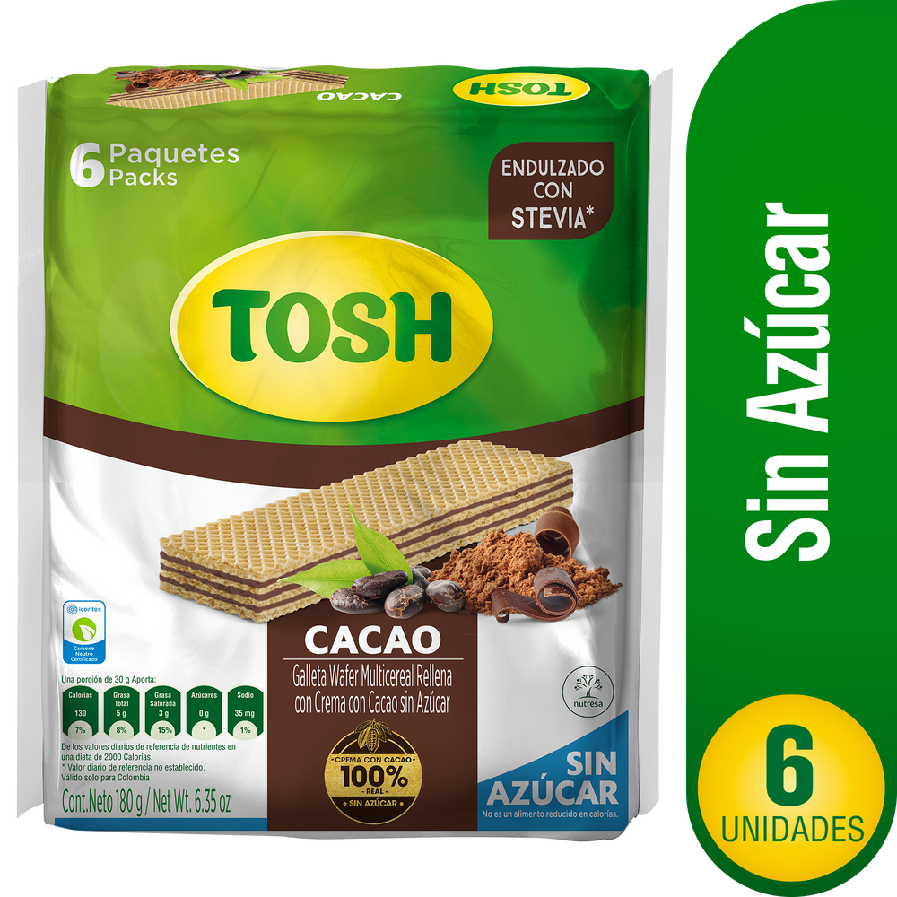 Galletas Tosh Wafer Multicereal Cacao 6 Unidades 180Gr