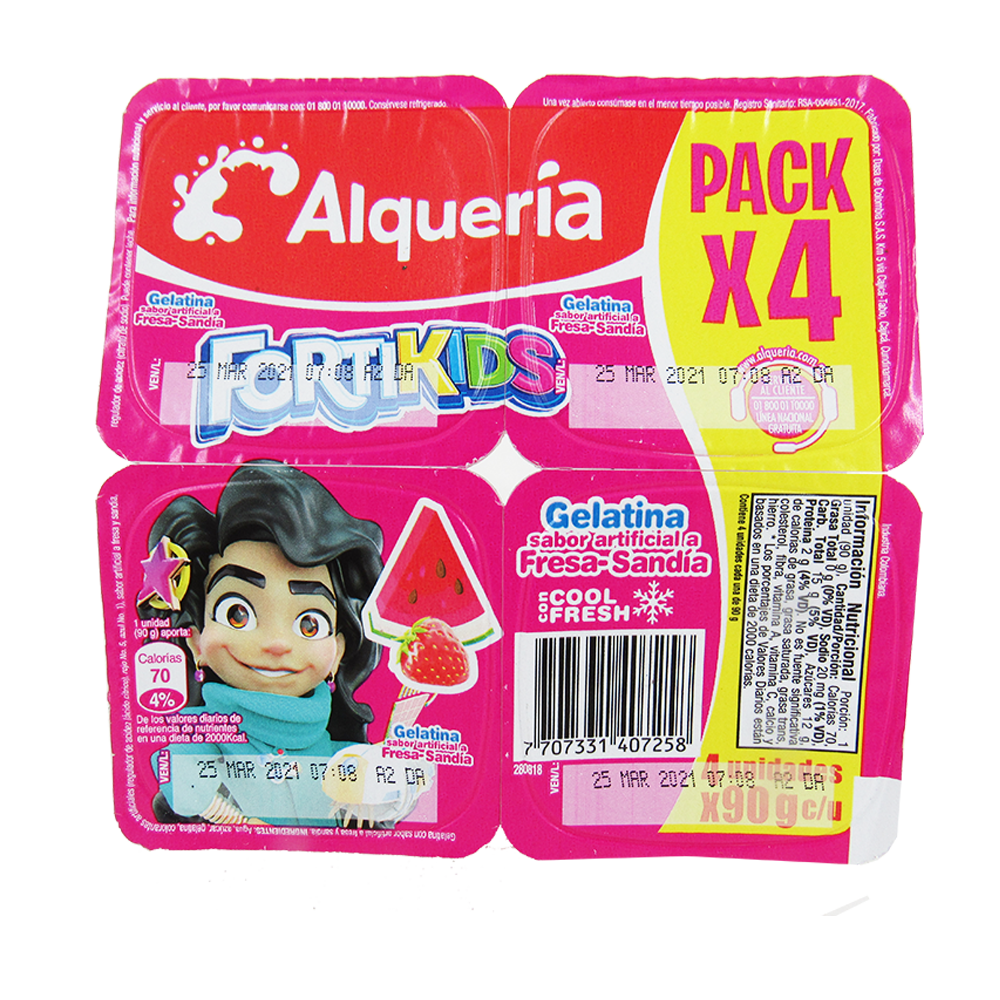 Gelatina Fortikids Sandía Fresa 90Gr 4 Unidades