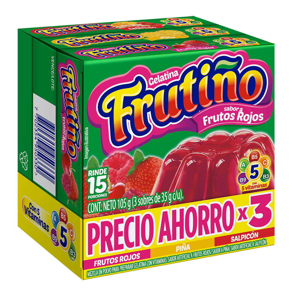 Gelatina Frutiño Frutos Rojos Piña Y Salpicón  3 Unidades 105Gr