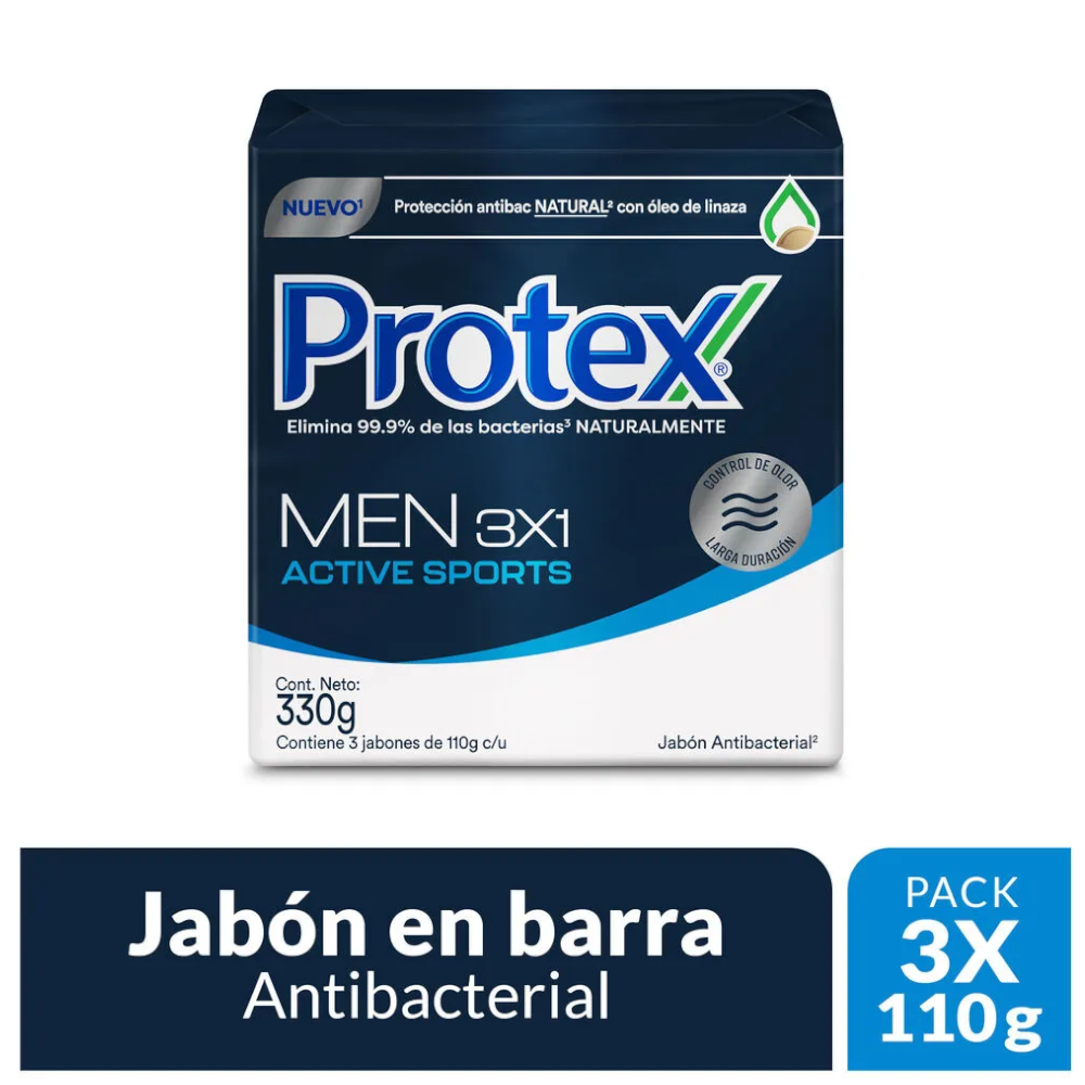 Jabón Protex Men 3x1 Active Sports Barra 3 Unidades 330Gr