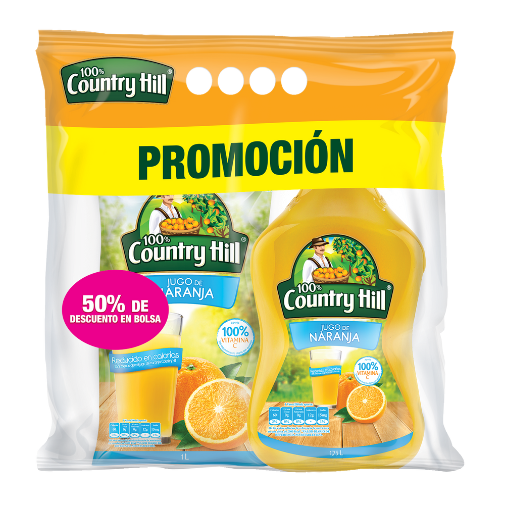 Jugo Country Hill Naranja 1750Ml + 1 Bolsa Jugo 1000Ml Precio Especial