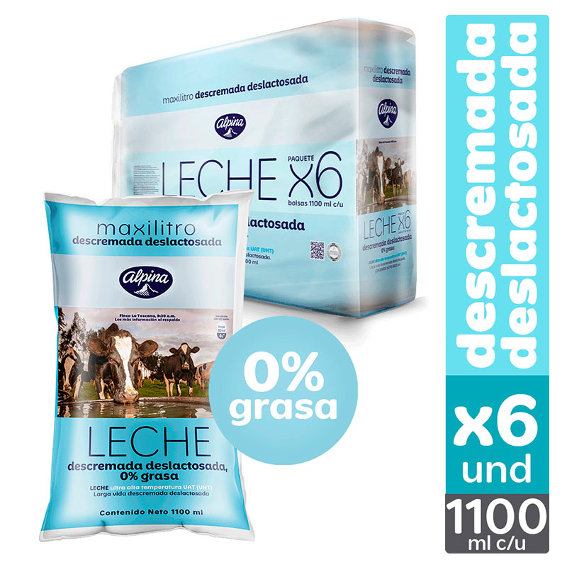 Leche UHT Alpina Deslactosada Descremada 6 Unidades 6600Ml