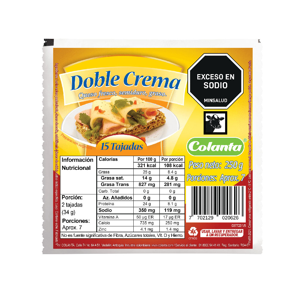 Queso Doble Crema Colanta Tajado 250Gr