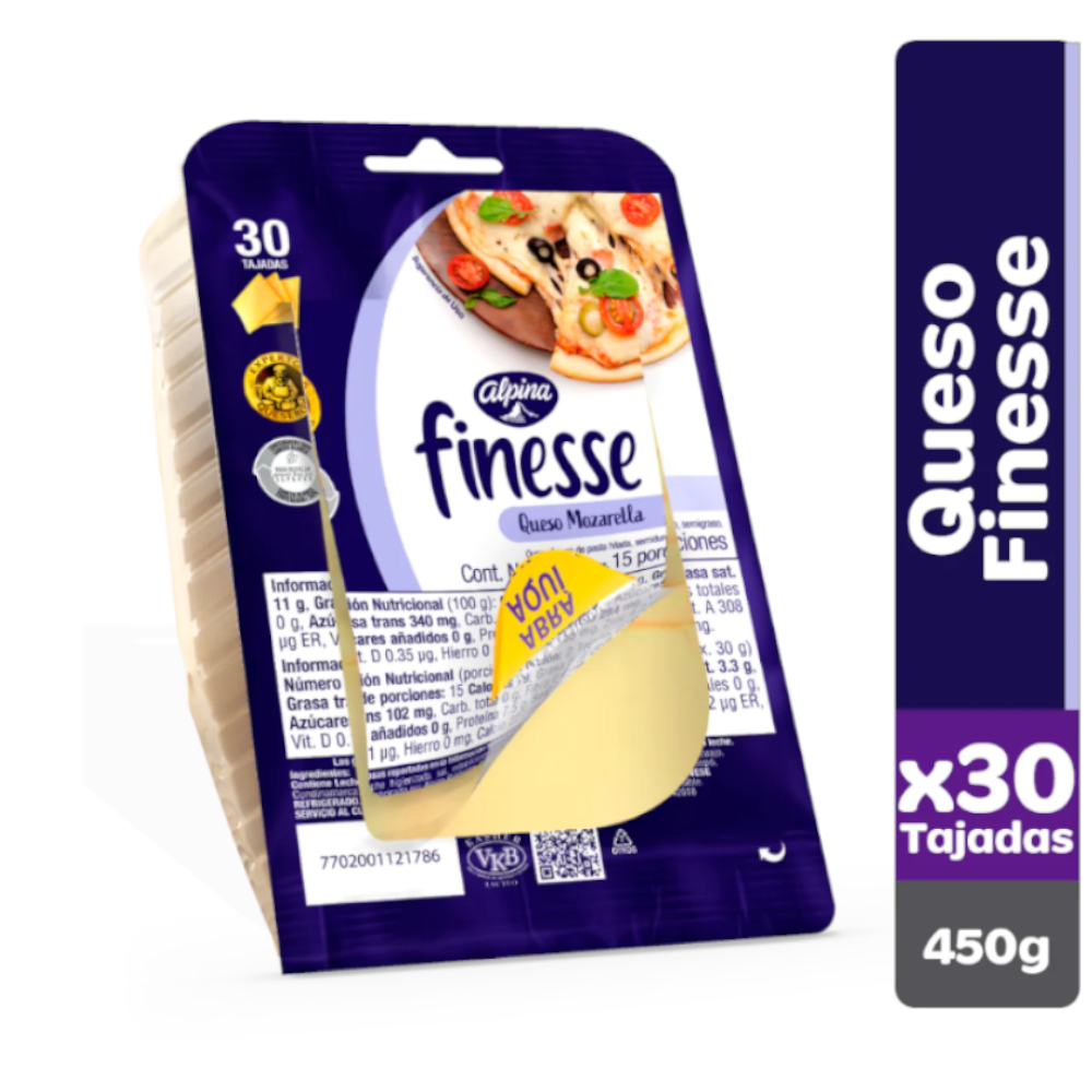 Queso Finesse Alpina Tajado 30 Unidades 450Gr
