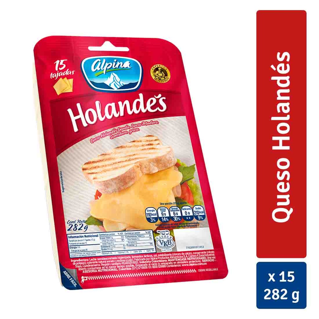 Queso Holandés Alpina Tajado 15 Unidades 282Gr