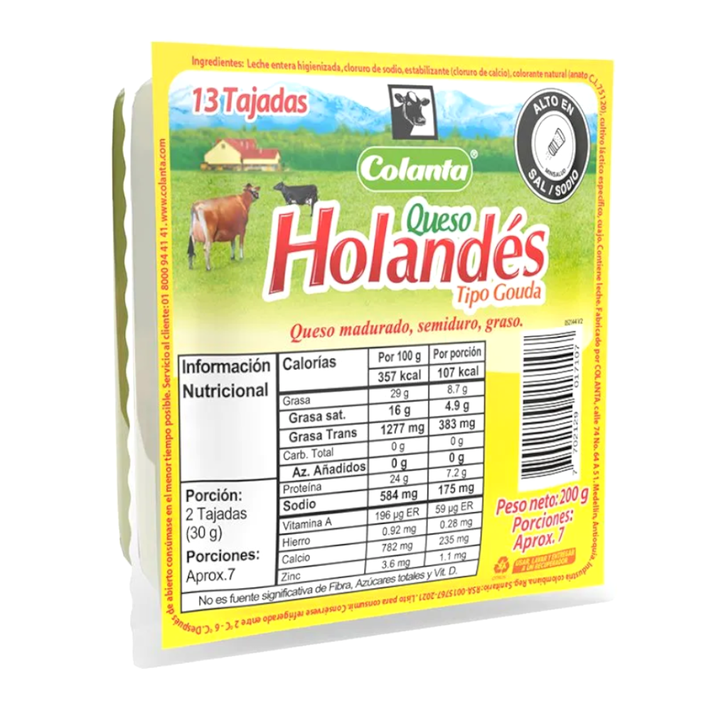 Queso Holandés Colanta Tajado 13 Unidades 200Gr