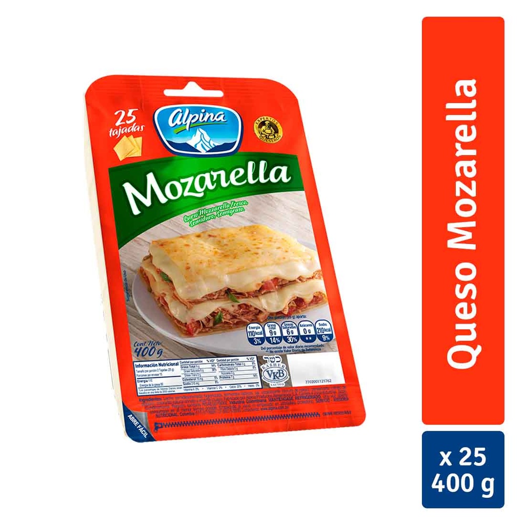 Queso Mozzarella Alpina Tajado 25 Unidades 400Gr