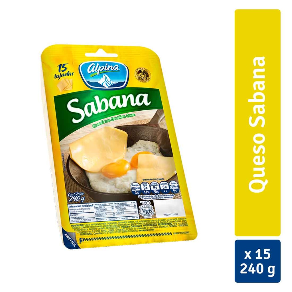 Queso Sabana Alpina Tajado 15 Unidades 240Gr