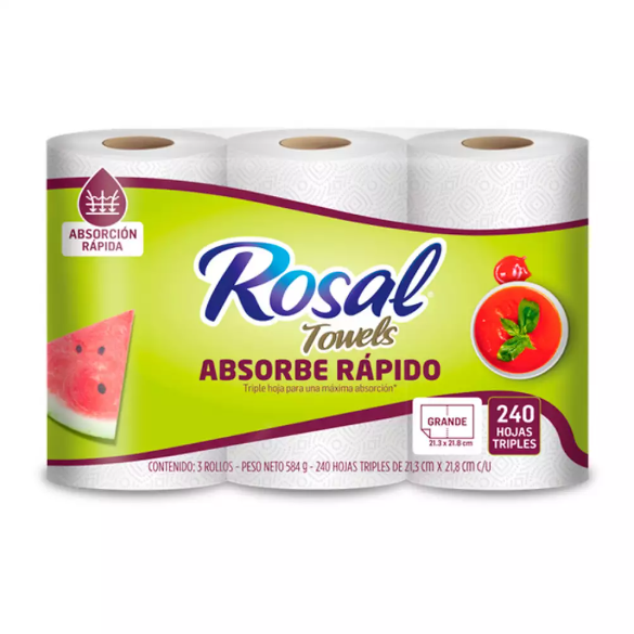 Toallas Cocina Rosal Absorbe Rápido 3 Unidades 240 Hojas