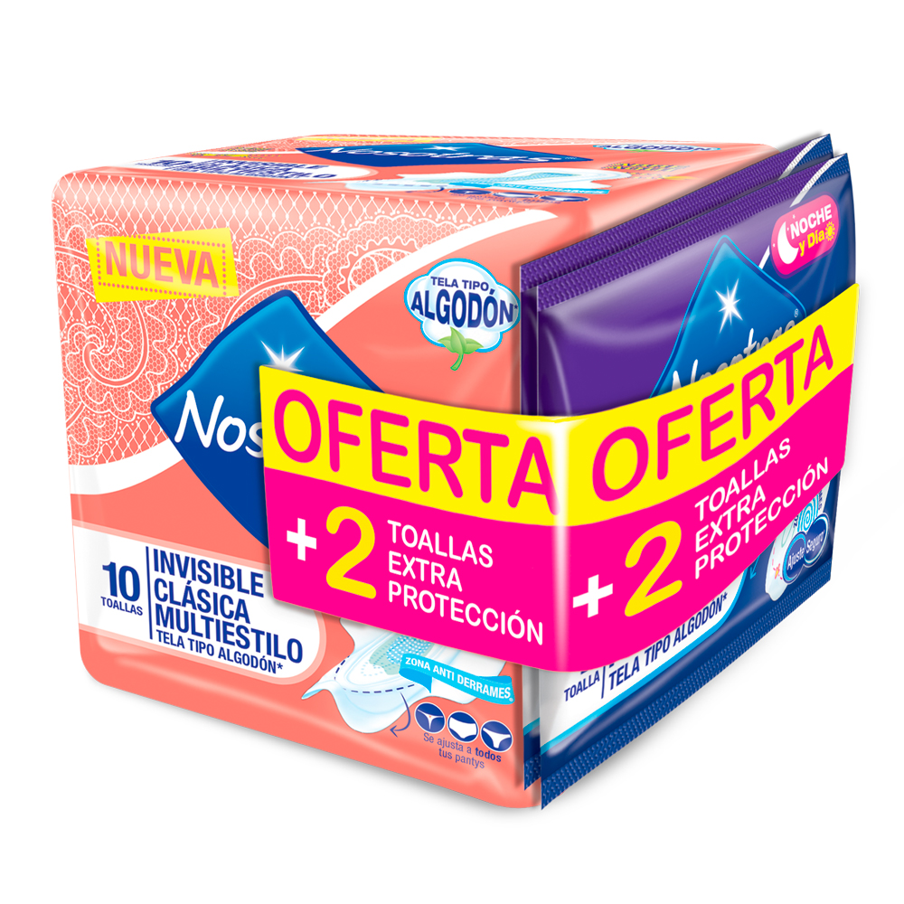 Toallas Higienicas Nosotras Invisible Clasica 10 Unidades + Extprotección 2 Unidades
