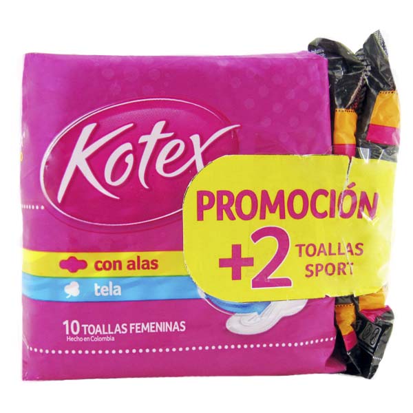 Toallas Higiénicas Kotex Discreta Tela 10 Unidades + 2 Toallas Higiénicas Sport