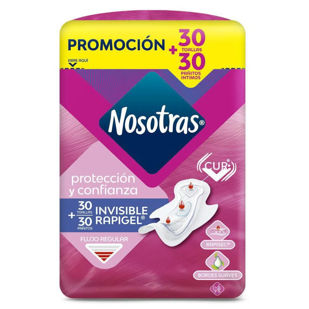 Toallas Higiénicas Nosotras Invisible Gel 30 + Pañitos 30 Unidades