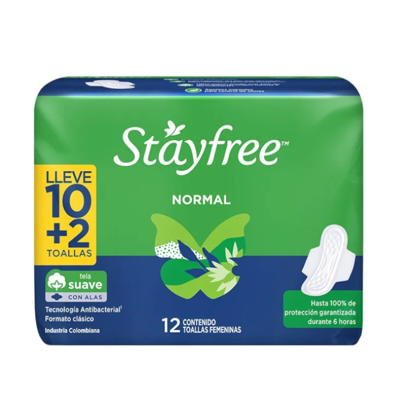 Toallas Higiénicas Stayfree Normal Con Alas 10+2 Unidades