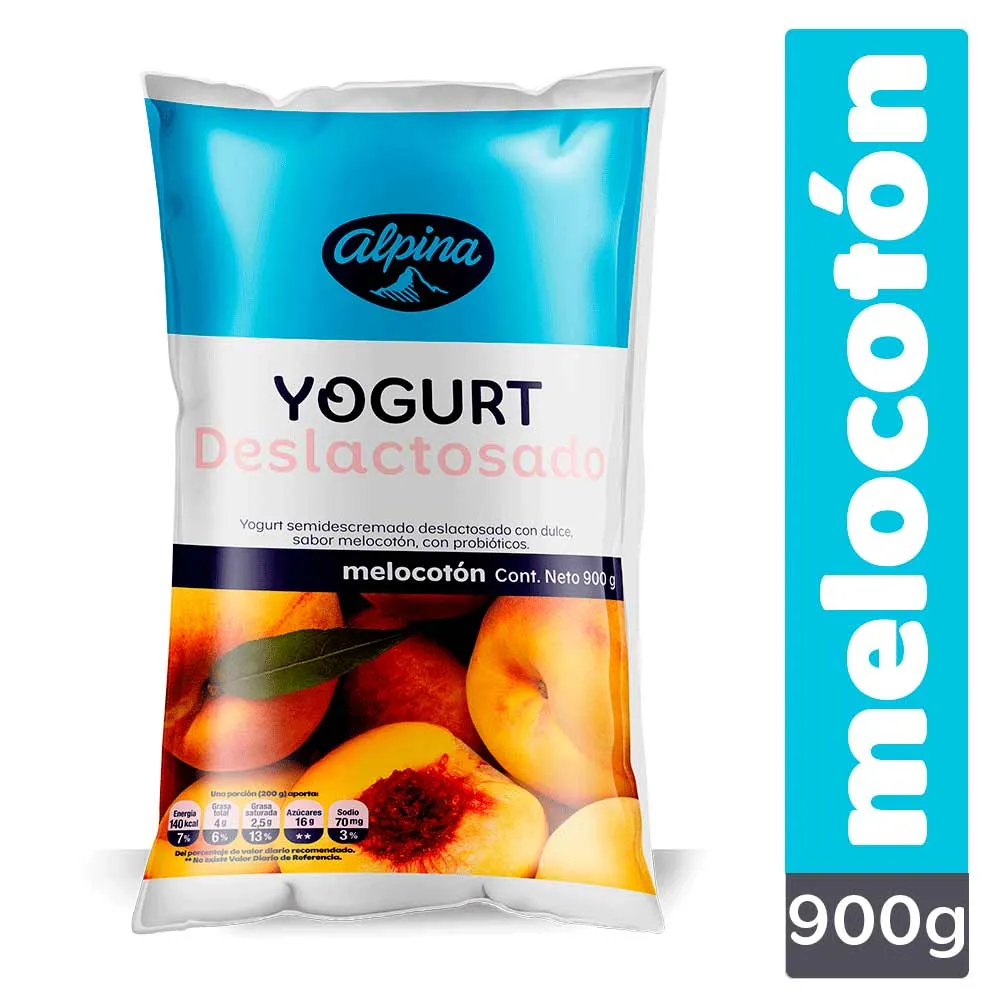 Yogurt Alpina Deslactosado Melocoton Bolsa 900Gr