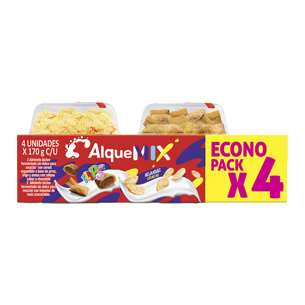 Yogurt Cereal Alqueria Mix Flips Y Hojuelas Crunchy 4 Unidades 680Gr