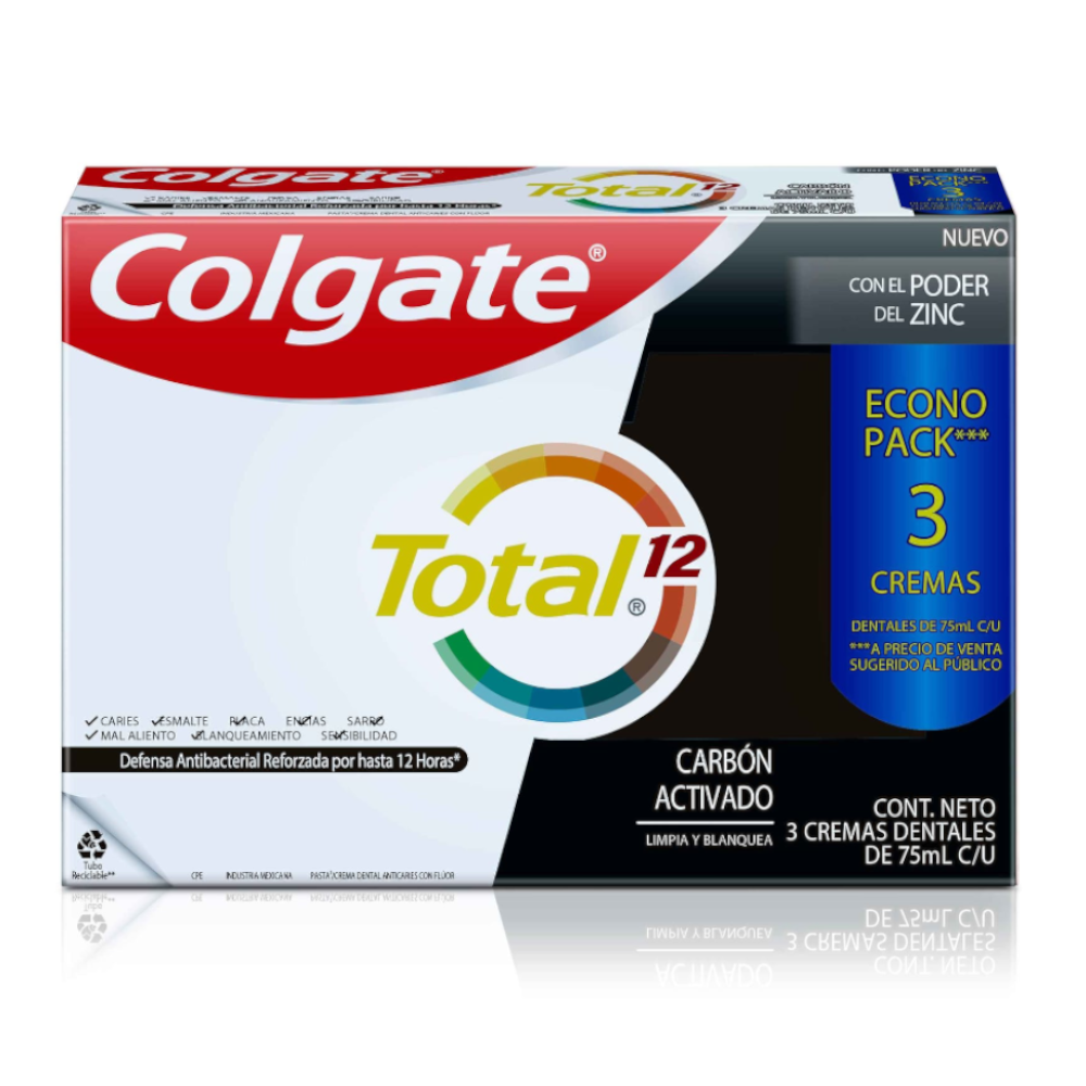 Crema Dental Colgate Total 12 Carbón Activado 3 Unidades 225Ml