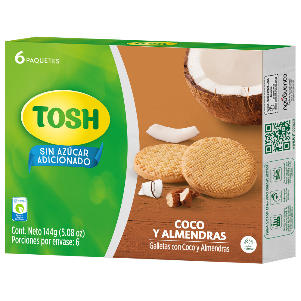 Galletas Tosh Con Coco y Almendras Sin Azúcar Adicionado 6 Unidades 144Gr