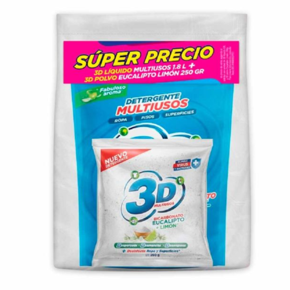 Detergente Líquido 3D Multiusos 1800Ml + Detergente Polvo 250Gr