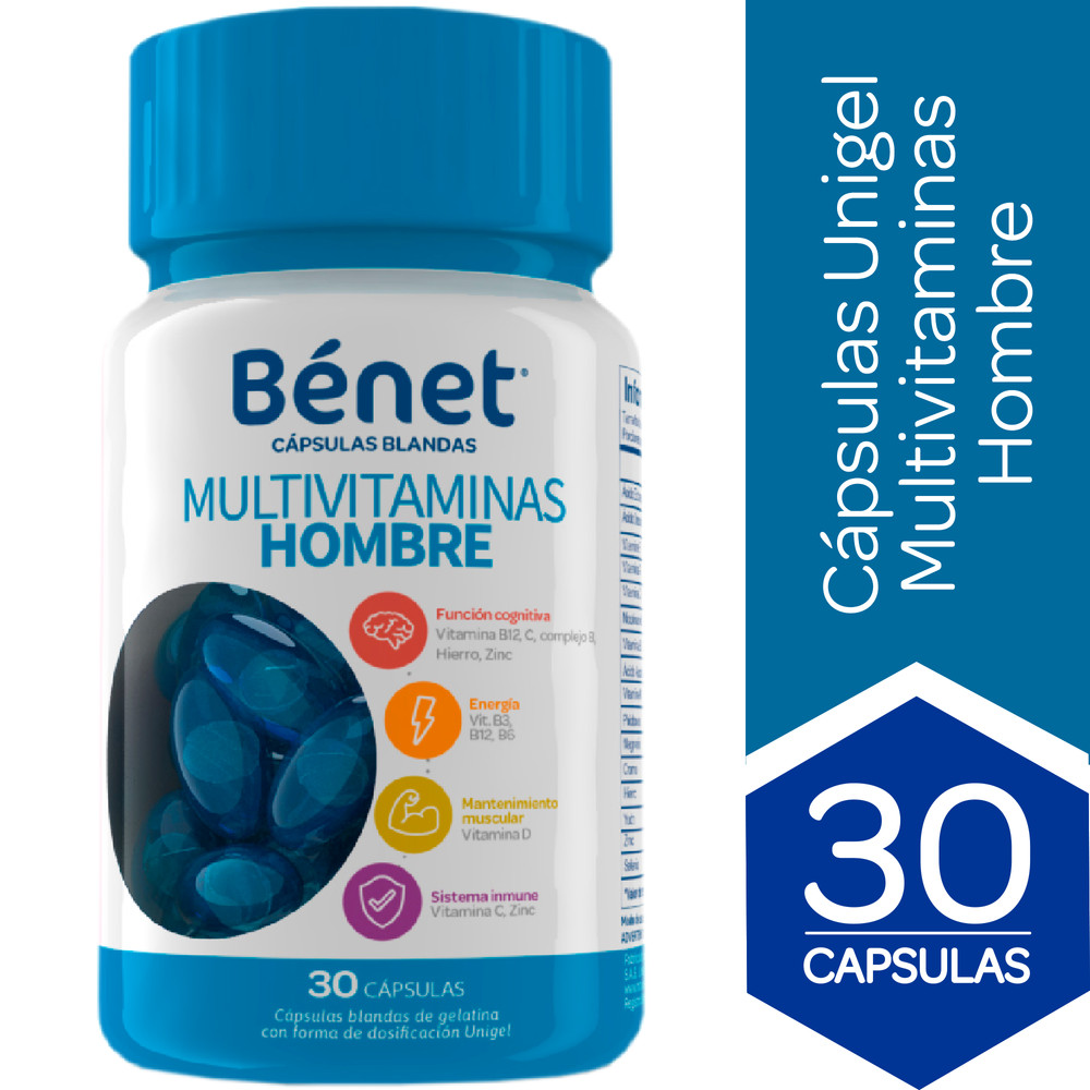 Capsulas Blandas Multivitaminas Hombre Unigel Bénet  Frasco 30 Unidades 230Gr