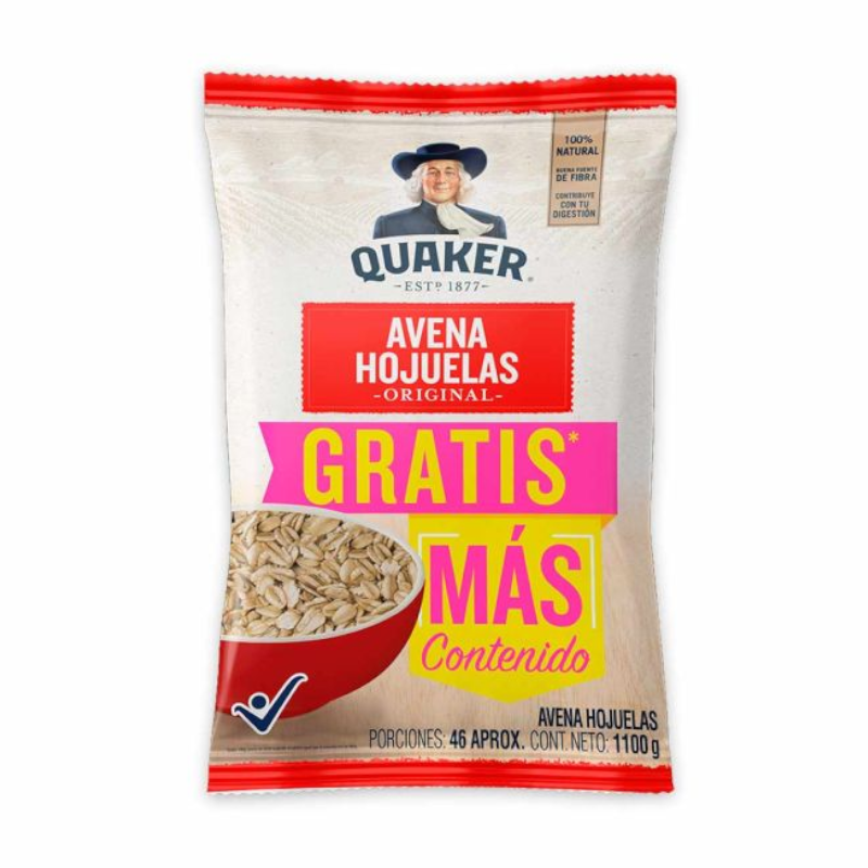 Avena Quaker Hojuelas Bolsa 1100Gr Gratis + Contenido