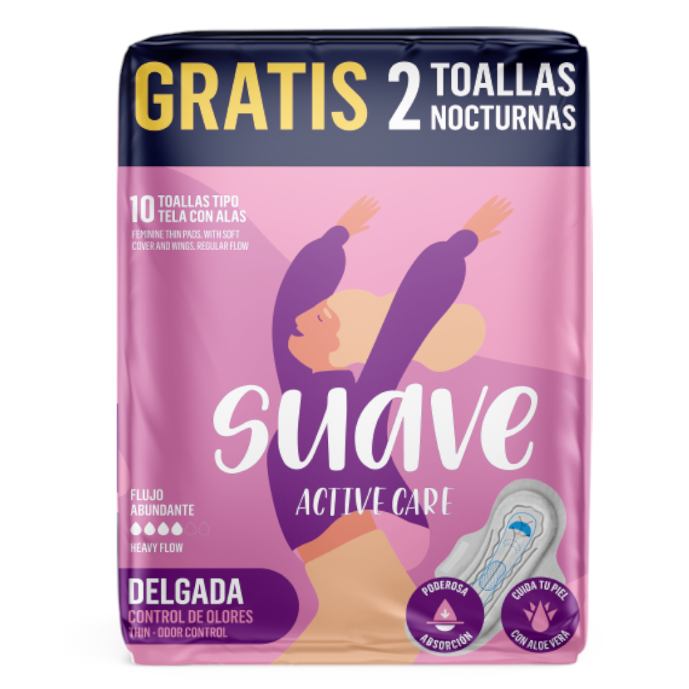 Toallas Higiénicas Suave Active Care Delgadas 10 Unidades Gratis 2 Toallas Nocturnas