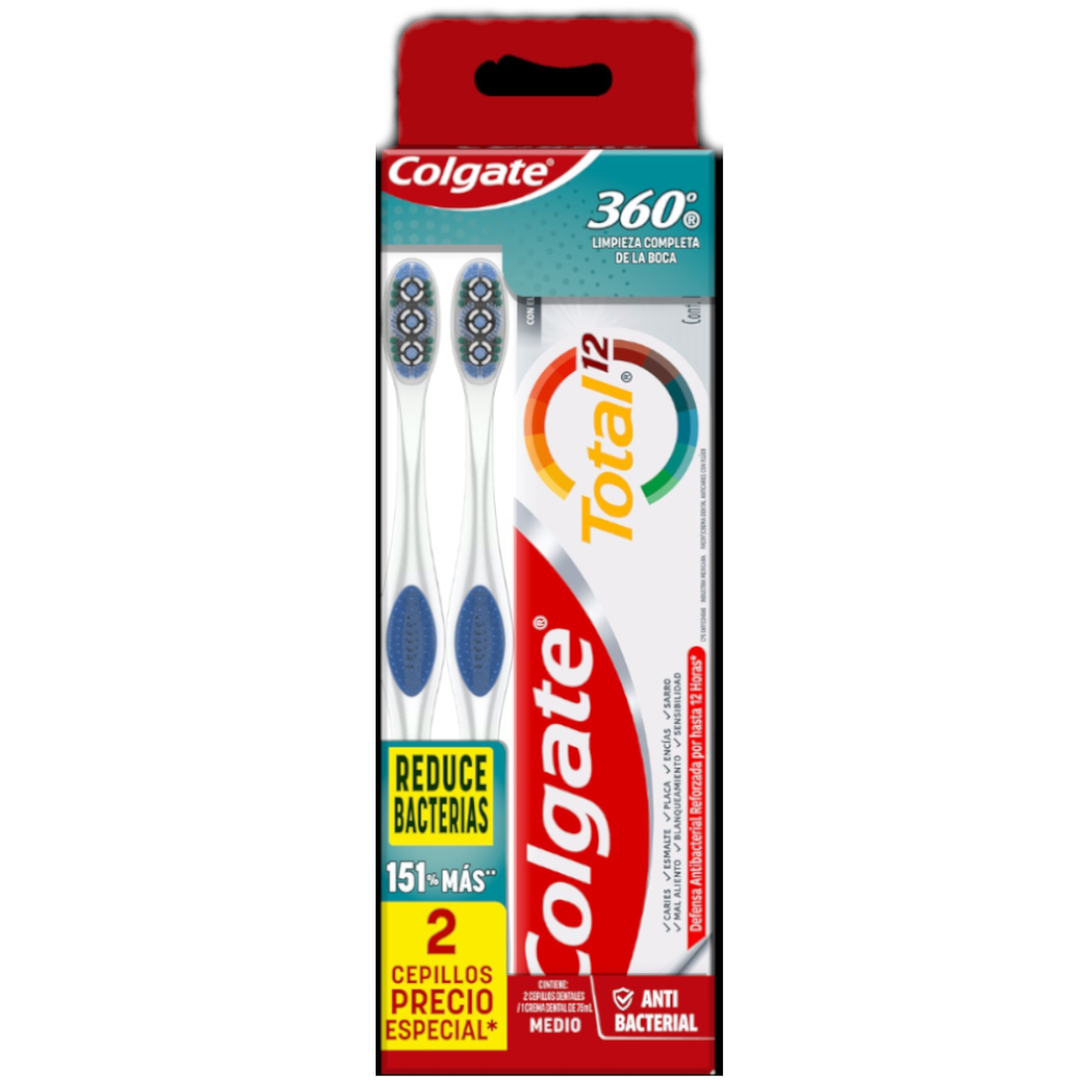 Cepillo Dental Colgate 360 Medio 2 Unidades + Crema Dental