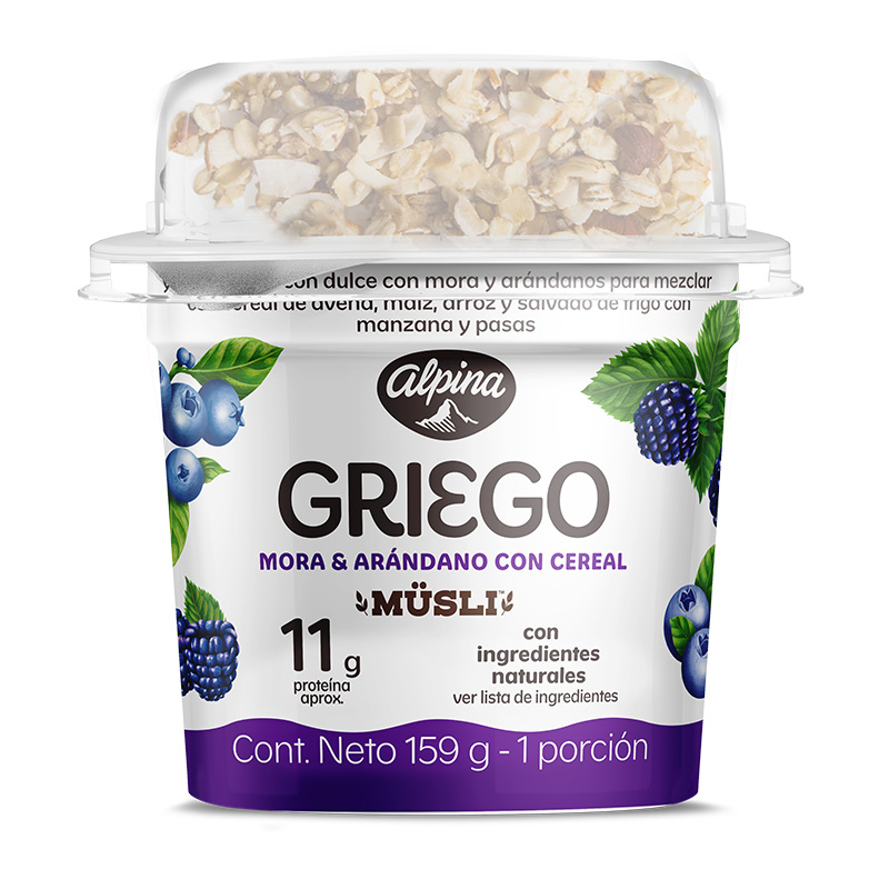 Yogurt Griego Alpina Mora y Arándanos Con Cereal 159Gr