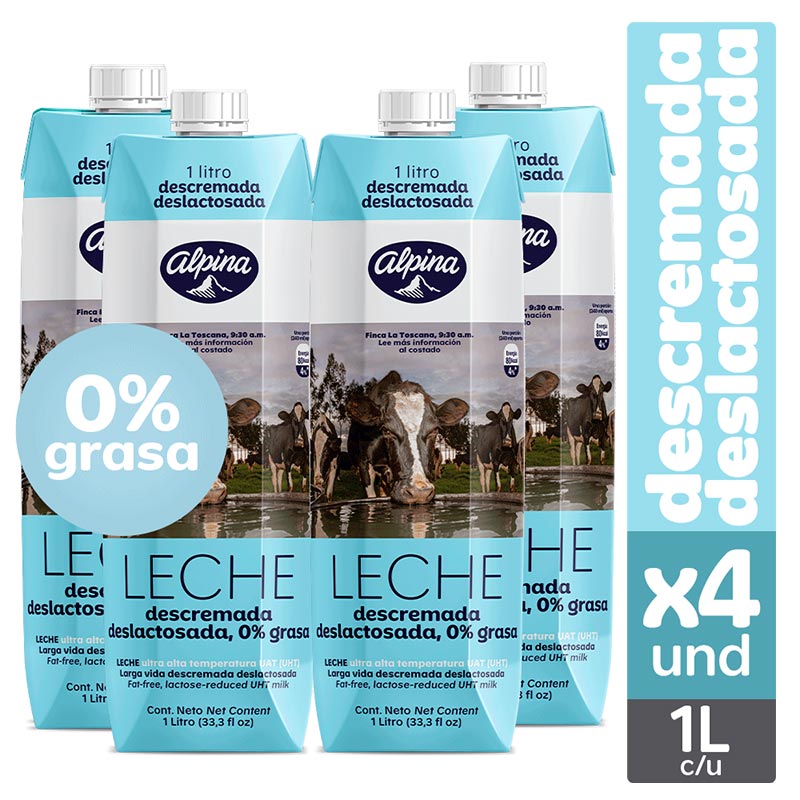 Leche UHT Alpina Descremada Deslactosada  Tetrapack 4 Unidades 4000Ml