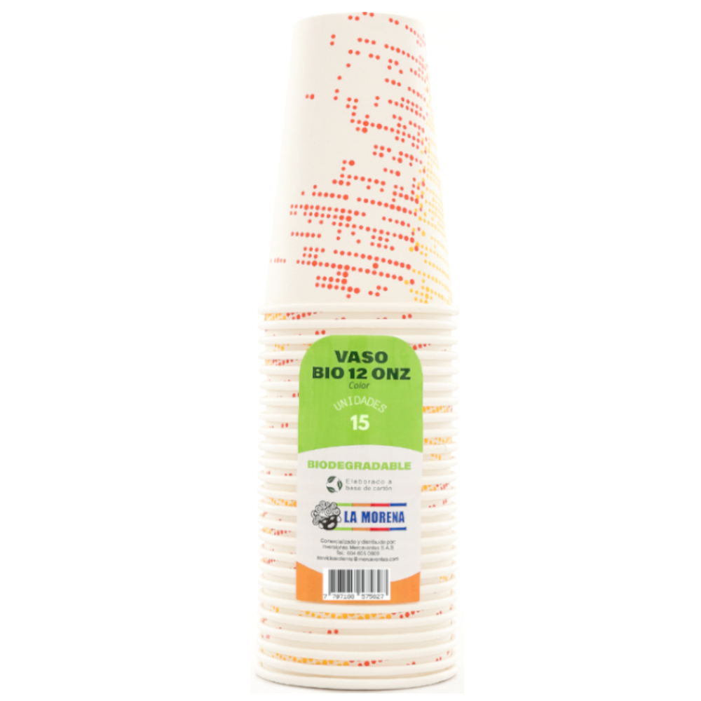 Vaso Color Biodegradable La Morena 12Oz 15 Unidades