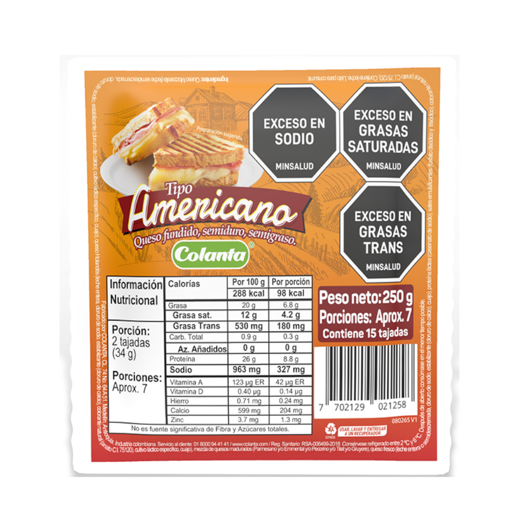 Queso Colanta Tipo Americano Tajado 250Gr