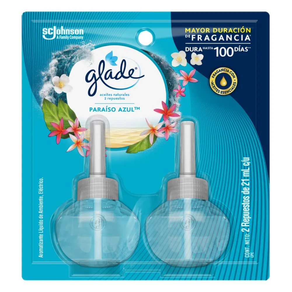 Ambientador Glade Aceites Naturales Paraíso Azul Repuesto 2 Unidades 42Ml