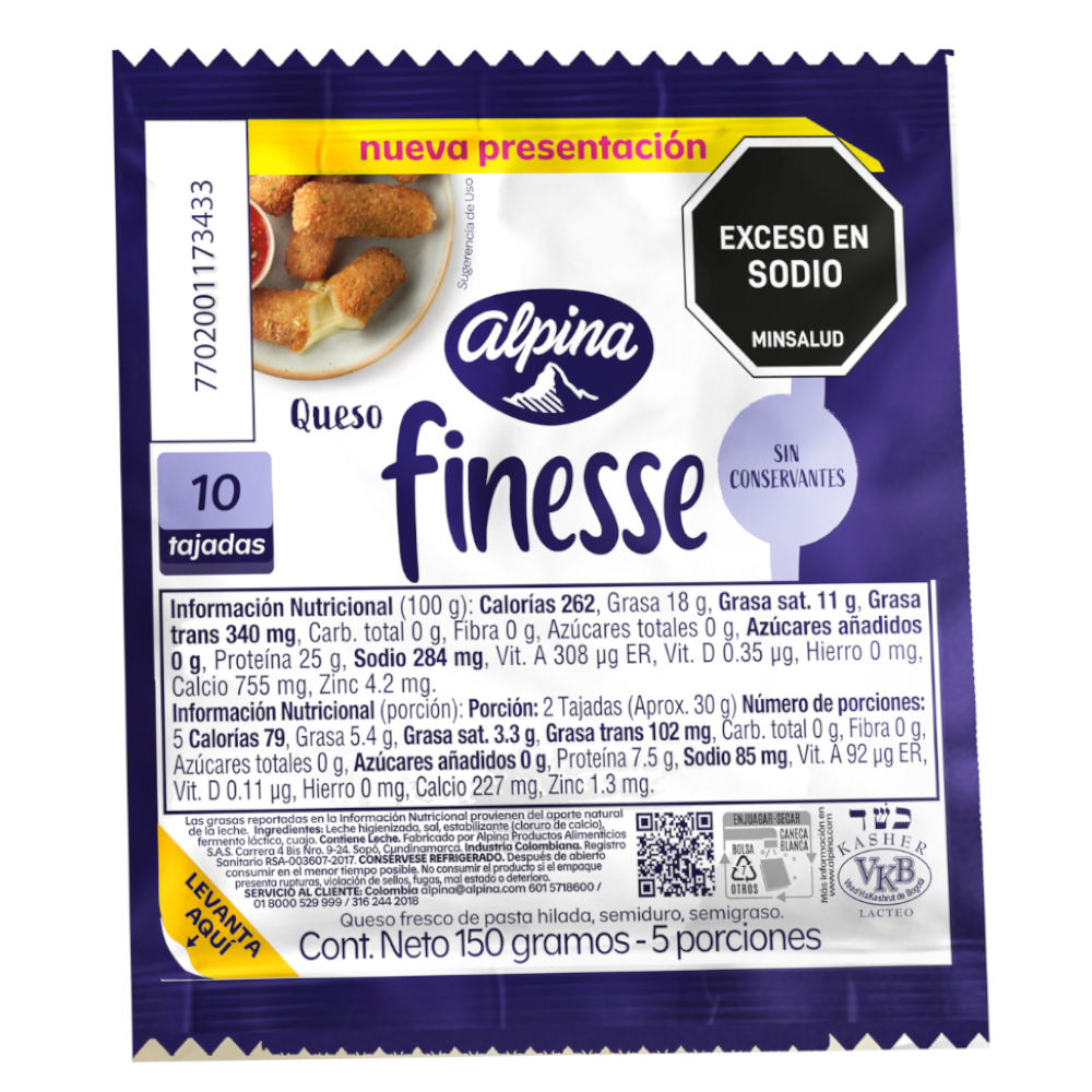 Queso Finesse Alpina Tajado 10 Unidades 150Gr