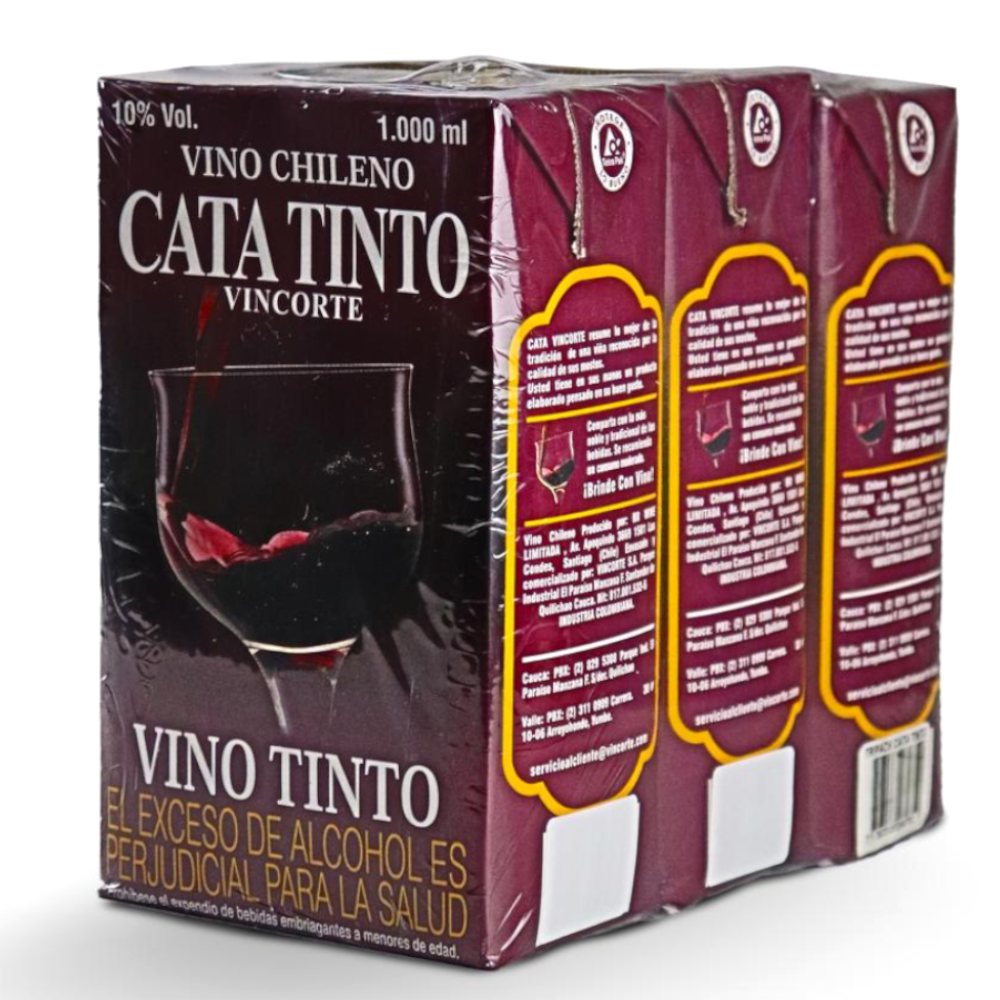 Vino Tinto Chileno Vincorte Tetrapak 1000Ml 3 Unidades