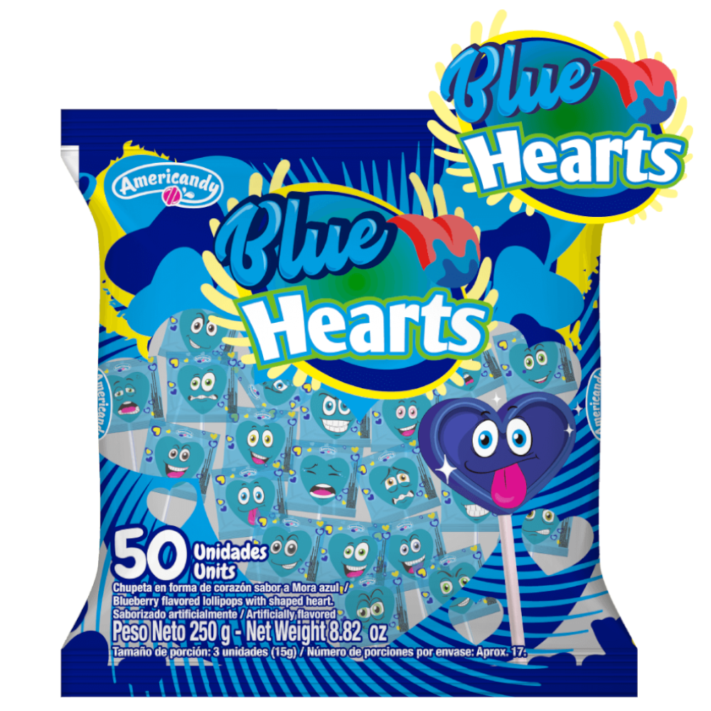Chupeta Azúl Corazón Americandy 50 Unidades 250Gr
