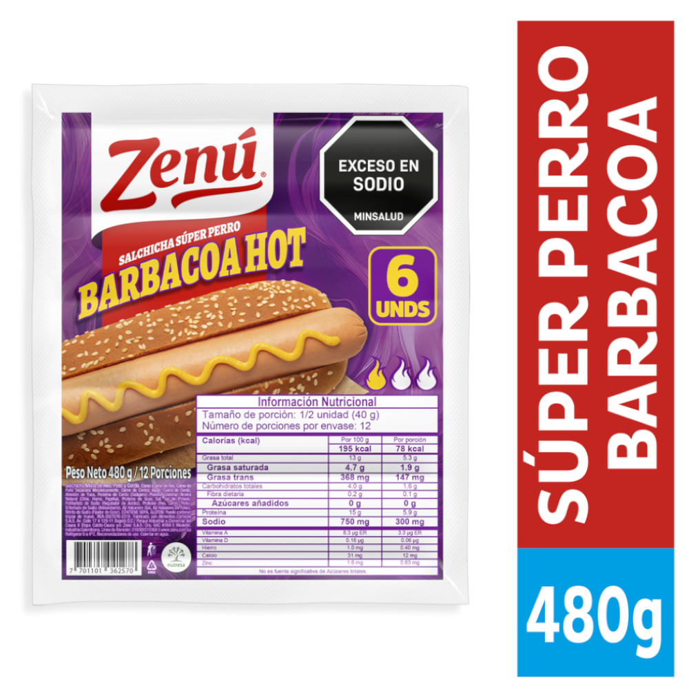 Salchicha Súper Perro  Zenú  Barbacoa 6 Unidades 480Gr